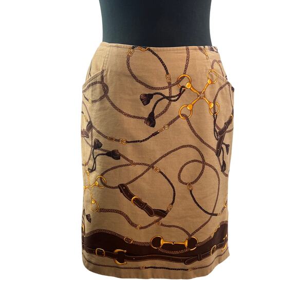 VINTAGE Talbots  Brown A-Line Skirt Cotton Equestrian Horse Bit Side Slit Size 6 - Picture 1 of 8